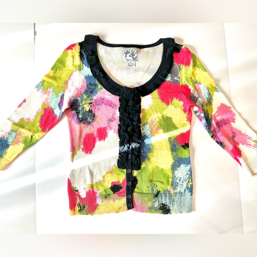 Tabitha Anthropologie Colored Abstract Watercolor Print Cardigan Ruffle Placket